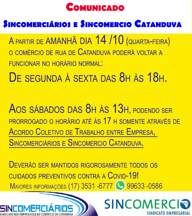 Comércio de rua de Catanduva volta ao horário normal a partir desta quarta-feira 14/10